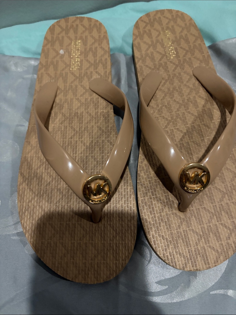 Michael Kors Taupe Logo Medallion Flip Flops